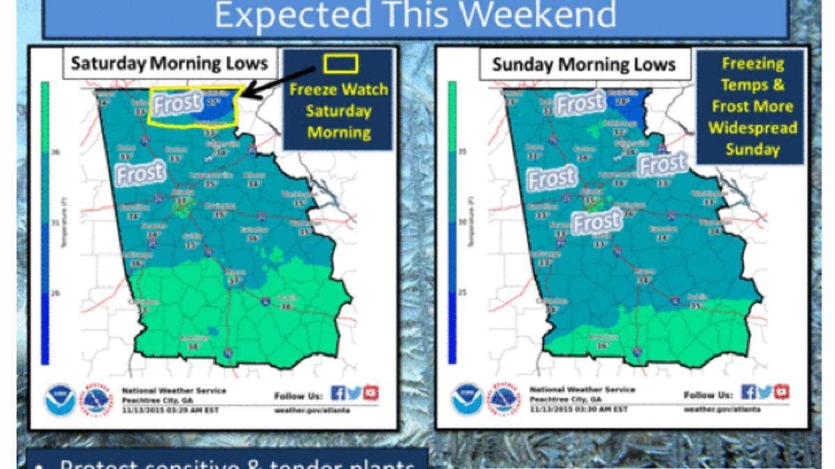 The National Weather Service warns frost is possible as far south as Macon and Warner Robins as temperatures drop into the 30s Saturday and Sunday.