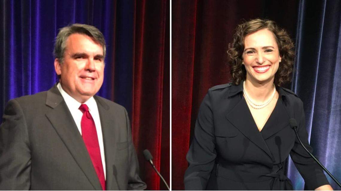 Candidates for Georgia Public Service Commission District 3, from left: Republican Chuck Eaton, the incumbent, and Democratic challenger Lindy Miller.