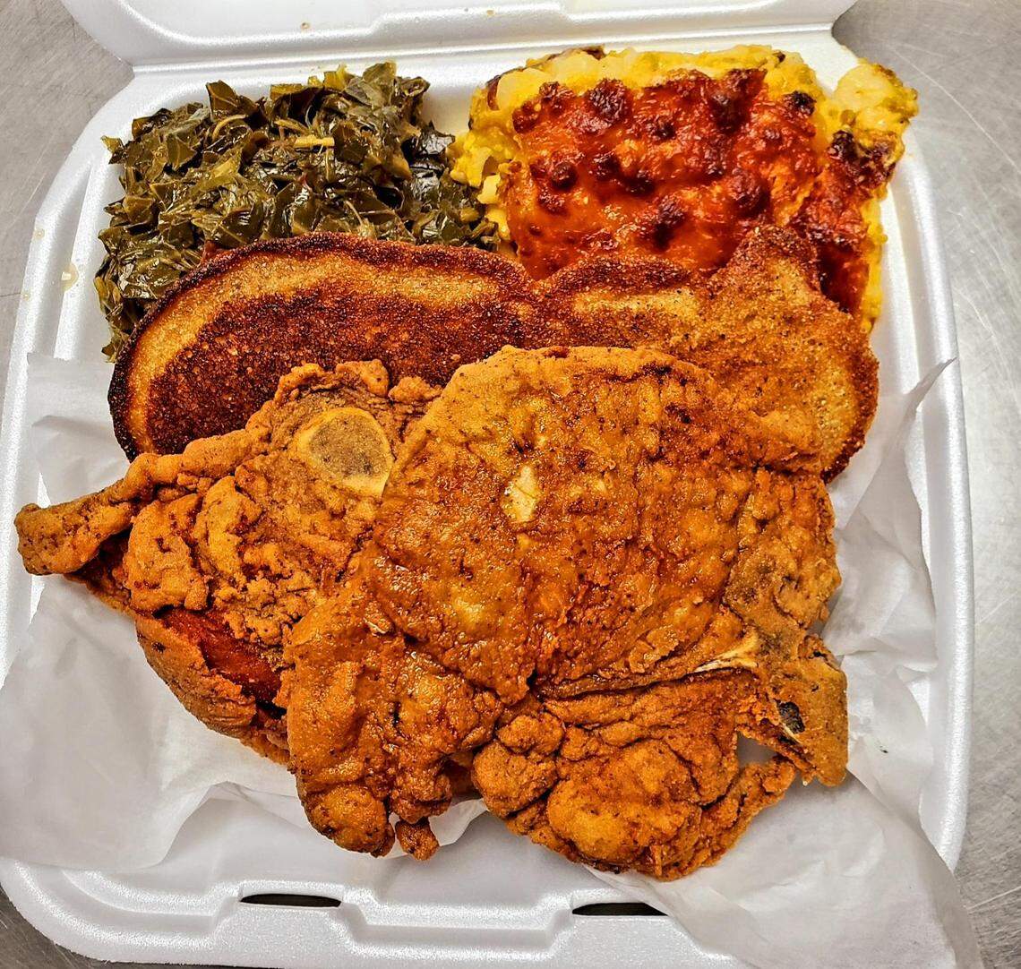 Potato Po-Ta-Toe opening soon at 778 Ga. 96, Suite 135, within The Shoppes at Houston Lake in Warner Robins, takes baked potatoes to the next level. But on Sundays only, the restaurant changes up its menu 100% by offering soul food such as this plate of fried of fried pork chops, collard greens, mac and cheese, and cornbread.