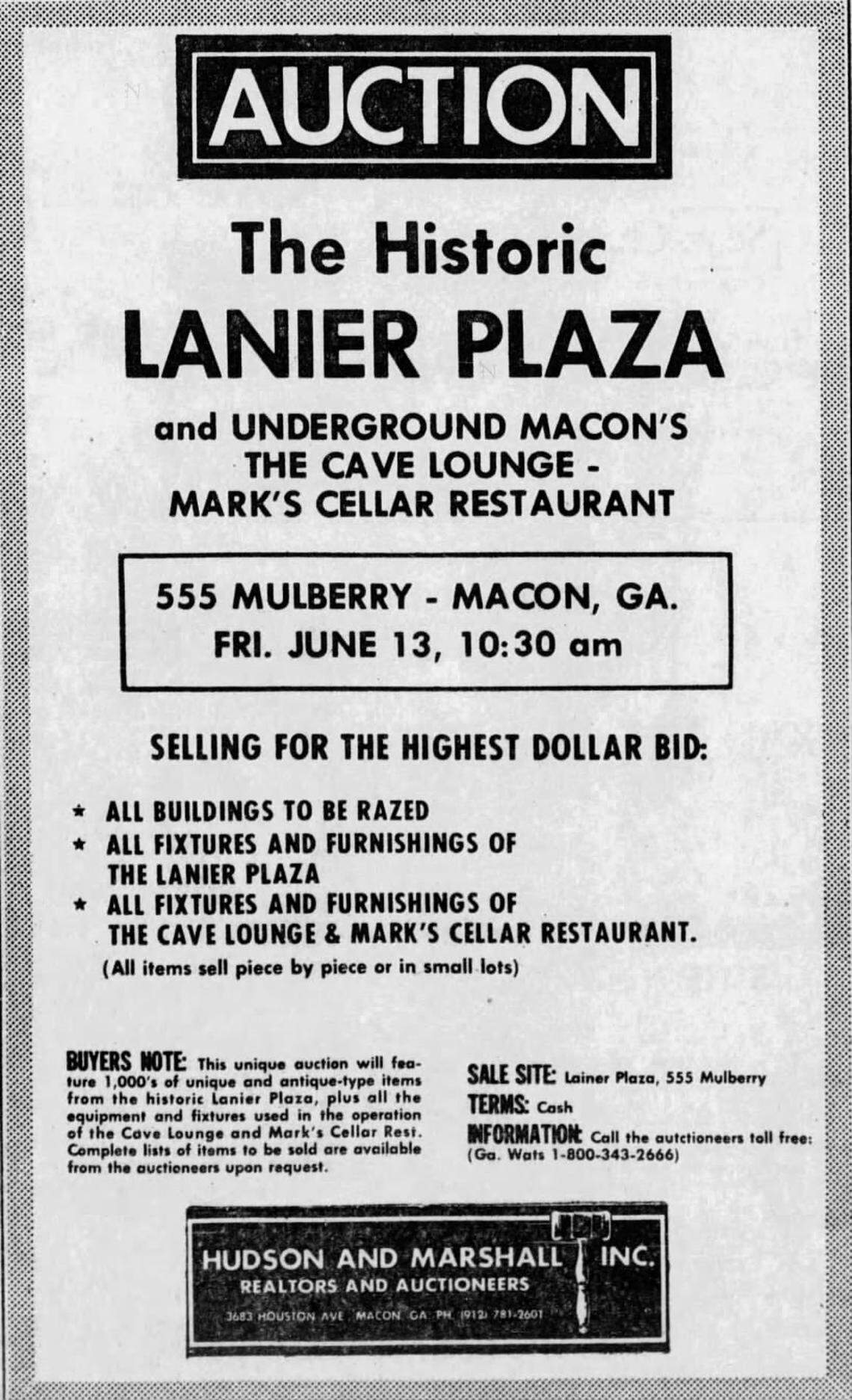 An auction announcement was made at The Telegraph on June 8, 1975, after the Lanier House’s owner, Thomas Standard, decided to have the building demolished. The building was demolished between Aug. 25, 1975 and Aug. 31, 1975.