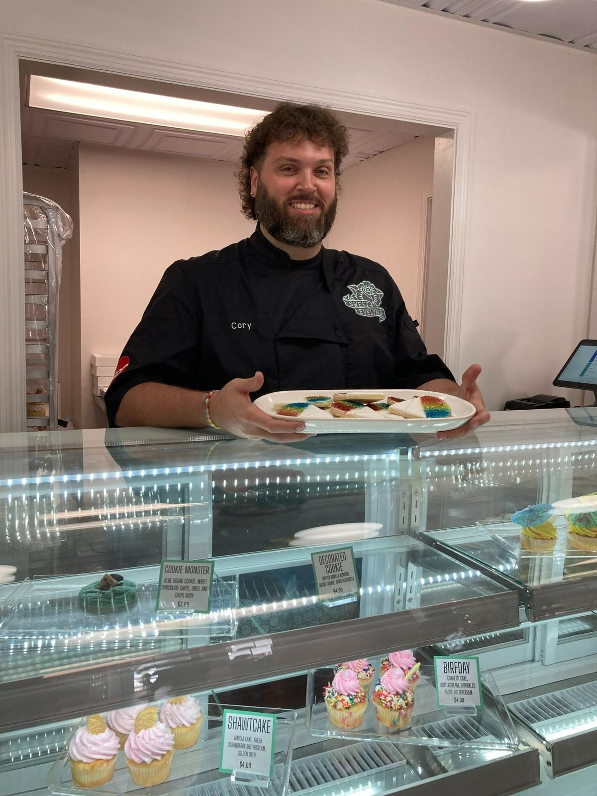 Baker and cookie artist Cory Jones at his Sweet Evelyn’s storefront in downtown Perry.