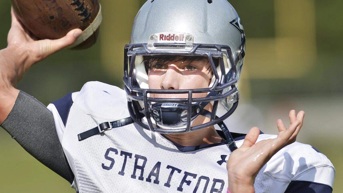 Stratford quarterback Sim Patrick, who made his debut last week, passes during practice as the Eagles prepare for the third week of GHSA football.