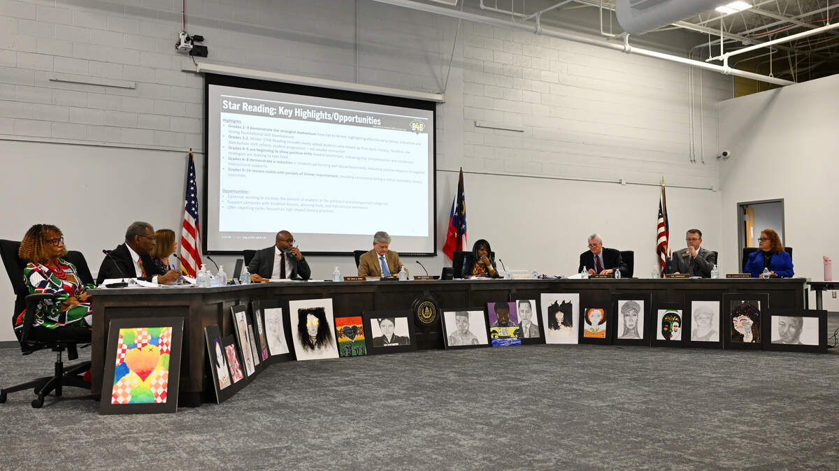 Members of the Bibb County Board of Education listen to a presentation during their monthly committee meeting on Thursday, Feb. 20, 2026, at the Bibb County Professional Learning Center in Macon, Georgia. The board discussed the district’s new plan for summer school programming and voted 7-1 in favor of a proposed budget line item that was tabled in January.