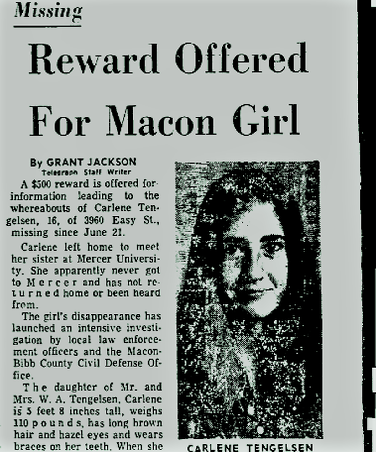 A Telegraph newspaper clipping from July 4, 1972, in the weeks after Carlene went missing.