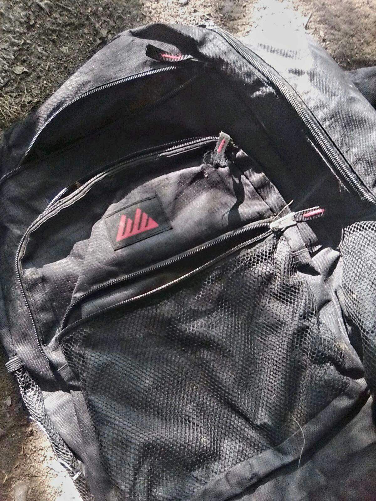 A photograph of the backpack that a tortured puppy was put it and thrown over a bridge in Macon, GA.