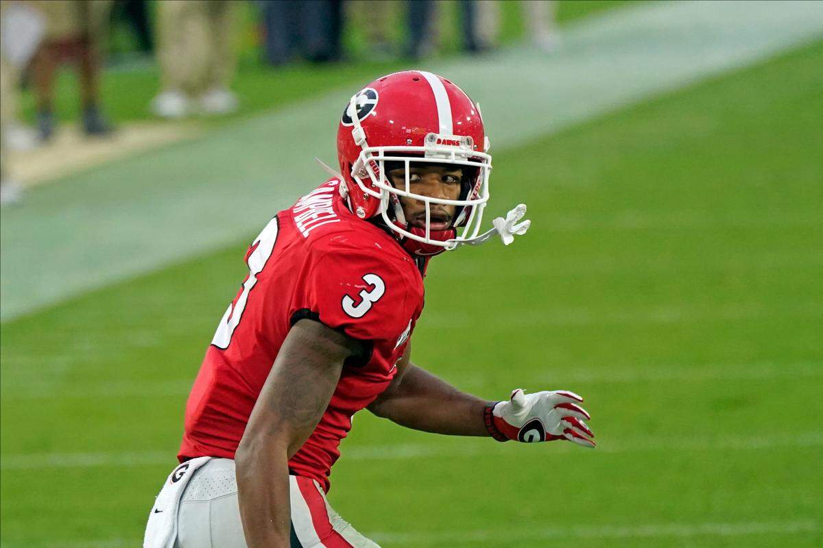 Georgia defensive back Tyson Campbell (3) covers a play against Florida during the first half of an NCAA college football game, Saturday, Nov. 7, 2020, in Jacksonville, Fla. (AP Photo/John Raoux)
