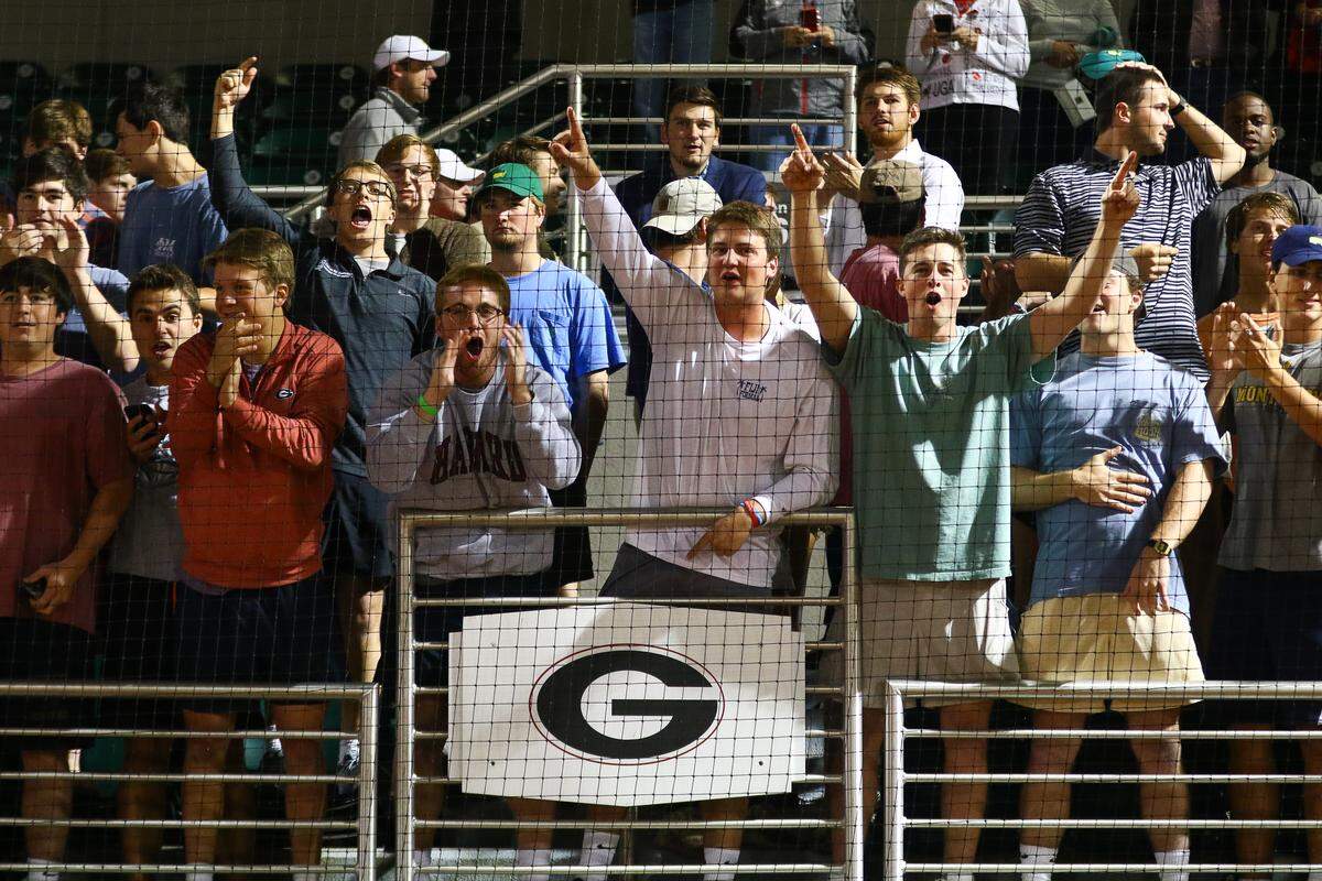 The student section roars following Georgia’s 3-2, 20-inning win over the Clemson Tigers.