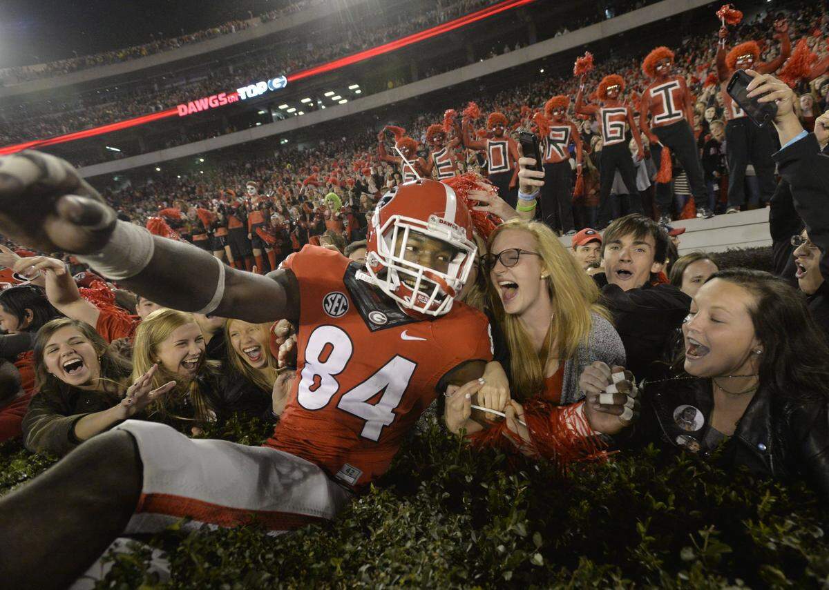 Linebacker Leonard Floyd coasts on the hedges after the Bulldogs beat Missouri in this Telegraph file photo. Floyd has recorded 29.5 sacks with the Rams.