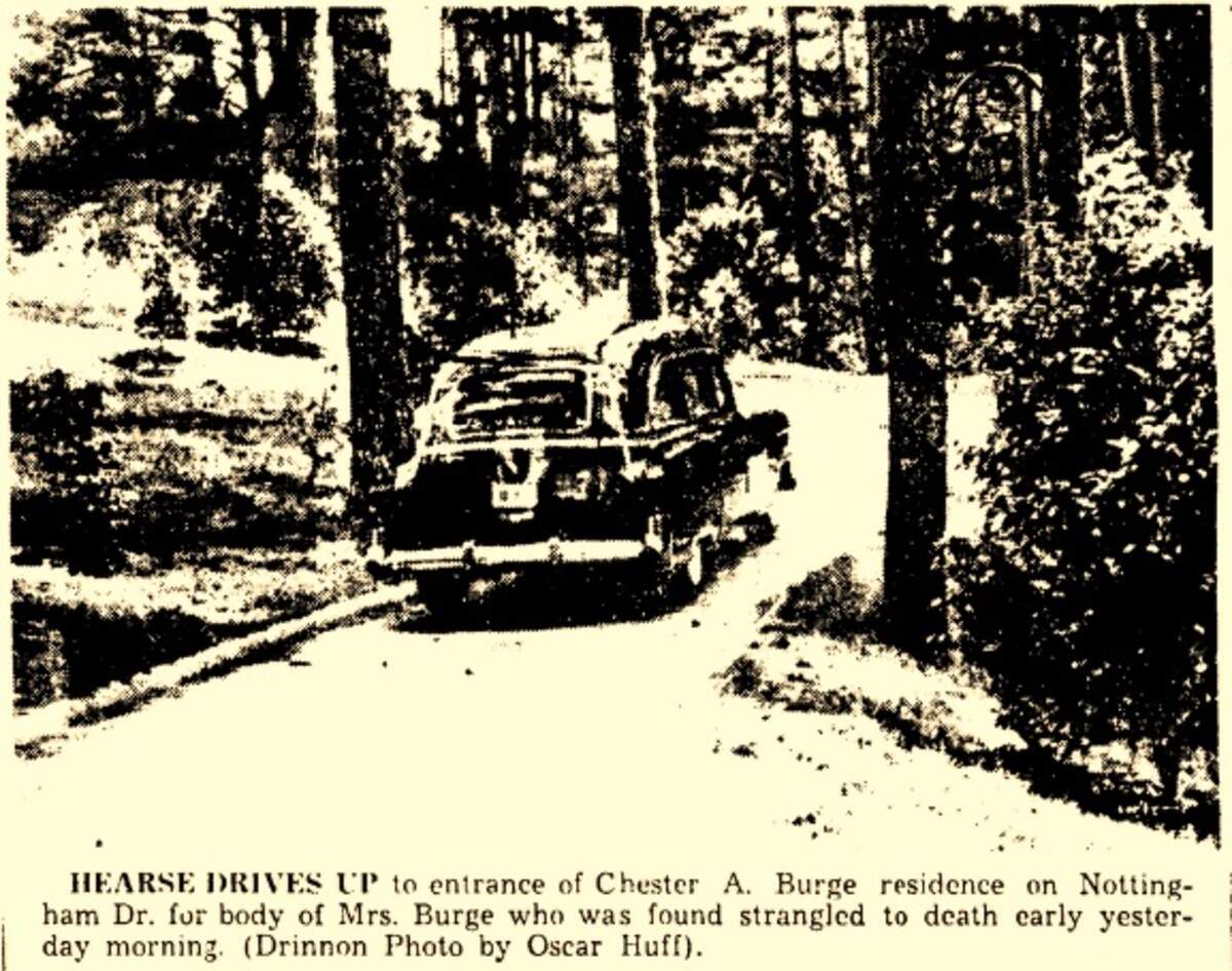 A hearse pulls up at the Burge home after the body of Mary Burge was discovered by a maid.