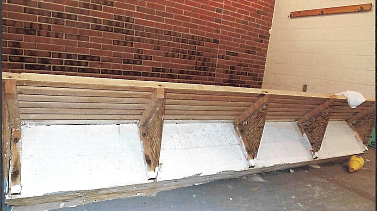 This partition wall at the bathroom of a Robins Air Force Base pool fell on top of 14-year-old Gabriel Stone and his friend on July 22, 2024. Stone died from his injuries, prompting an Air Force investigation.