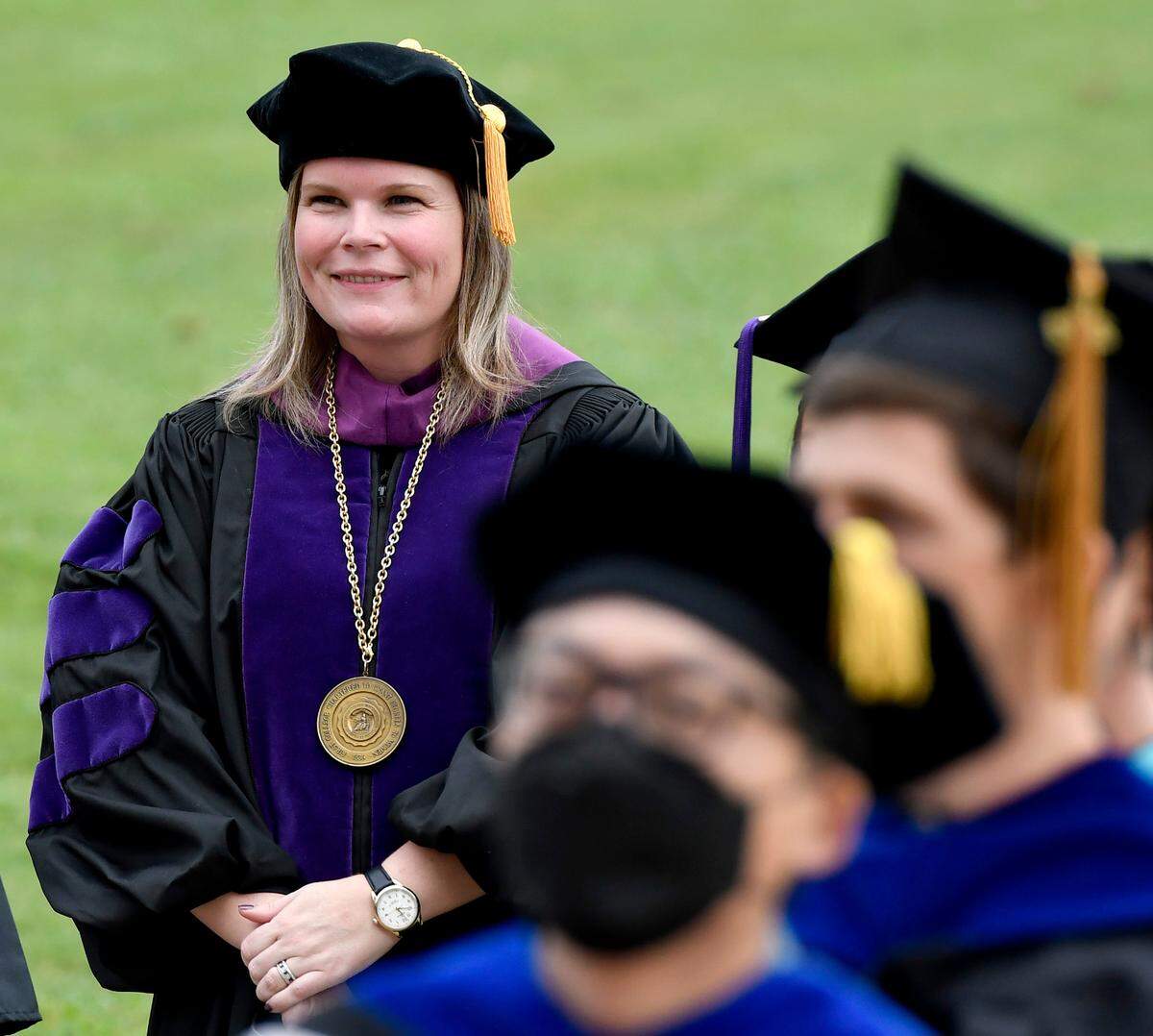 Wesleyan College President Meaghan Blight walks into Porter Auditorium for a matriculation ceremony for new students August 12. Blight became Wesleyan College’s 26th president in July.