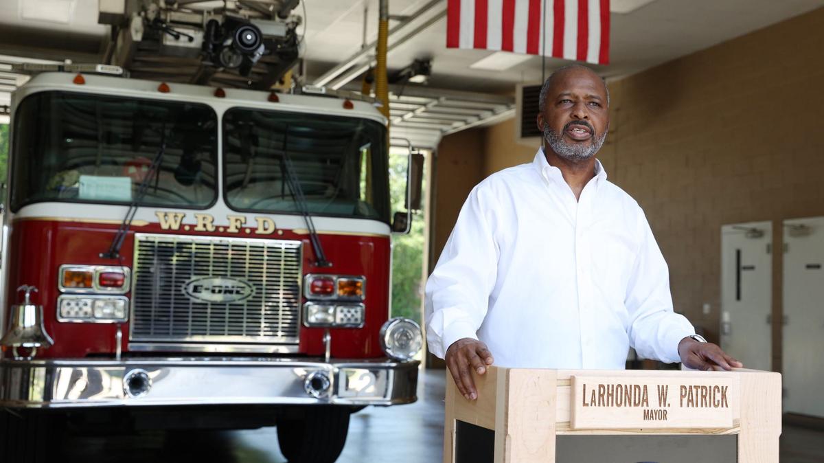 Newly appointed Warner Robins fire chief Albert S. Wright holds his first press conference as chief on Tuesday, Aug. 20, 2024, in Warner Robins, Georgia. The Warner Robins mayor and city council announced the appointment of Wright after a months long search.
