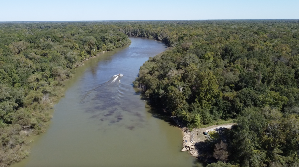 This drone shot shows effluent discharge from the Rayonier pulp mill in Wayne County into the Altamaha River.