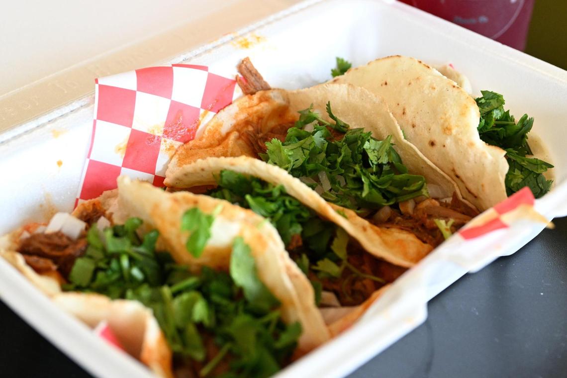 Beef tacos from El Tamarindo Snacks sit in a to-go box on Friday, May 16, 2025, in Macon, Georgia. El Tamarindo Snacks opened in April and offers a variety of Mexican snacks, desserts and beverages.