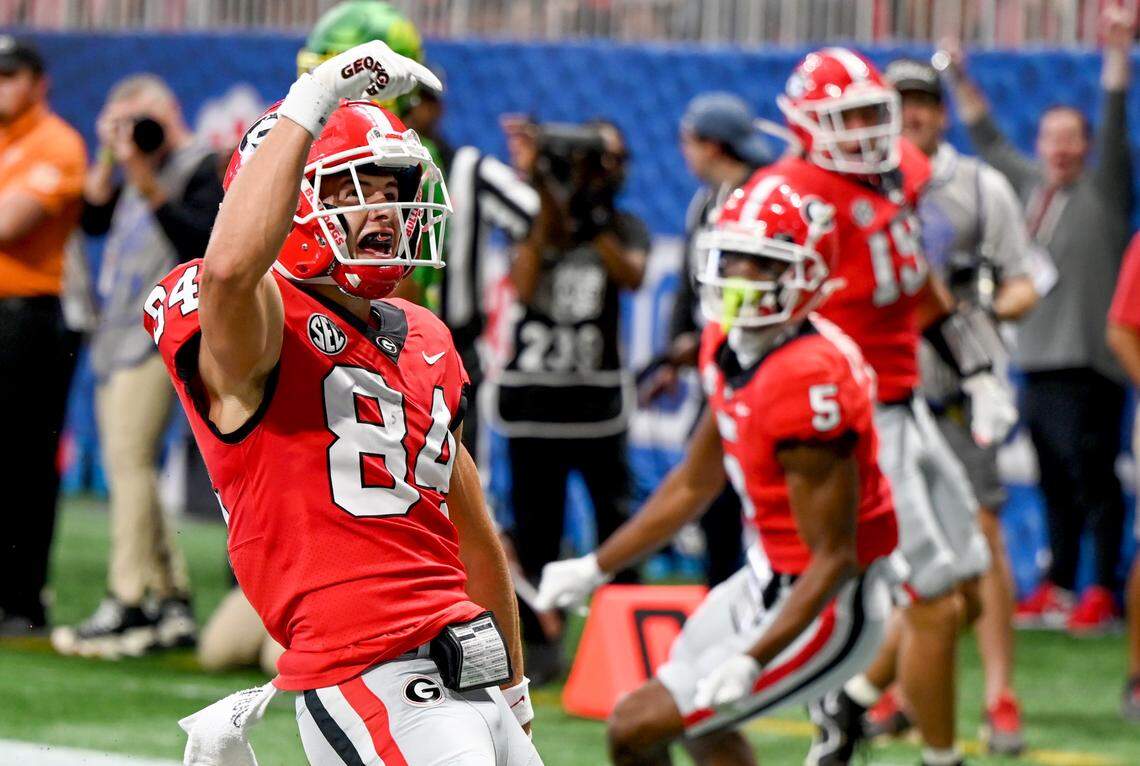 Georgia receiver Ladd McConkey (84) has celebrated four receiving touchdowns and two rushing TDs in 2022.