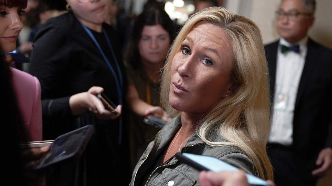 Authorities arrested a man accused of calling Rep. Marjorie Taylor Greene’s office and threatening to kill her, officials said. (AP Photo/Mariam Zuhaib)