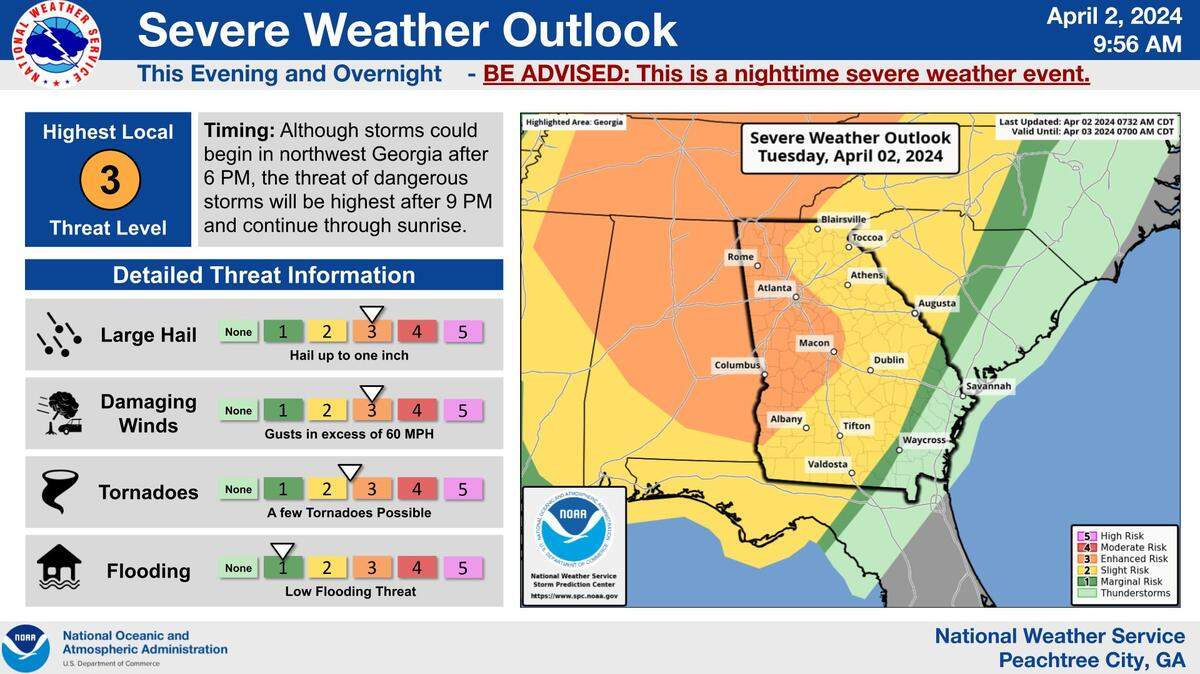 Forecast shows severe weather for much of Georgia on Tuesday, April 2, 2024 into Wednesday, April 3, 2024.