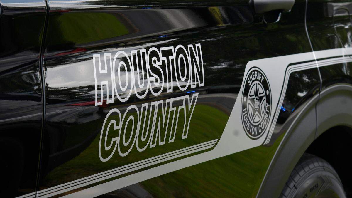 A Houston County patrol car sits outside of the Houston County Sheriff’s Office on Thursday, May 23, 2024, in Warner Robins, Georgia. The sheriff’s office was investigating a suspected swatting call that happened Friday, Aug. 8, 2025.