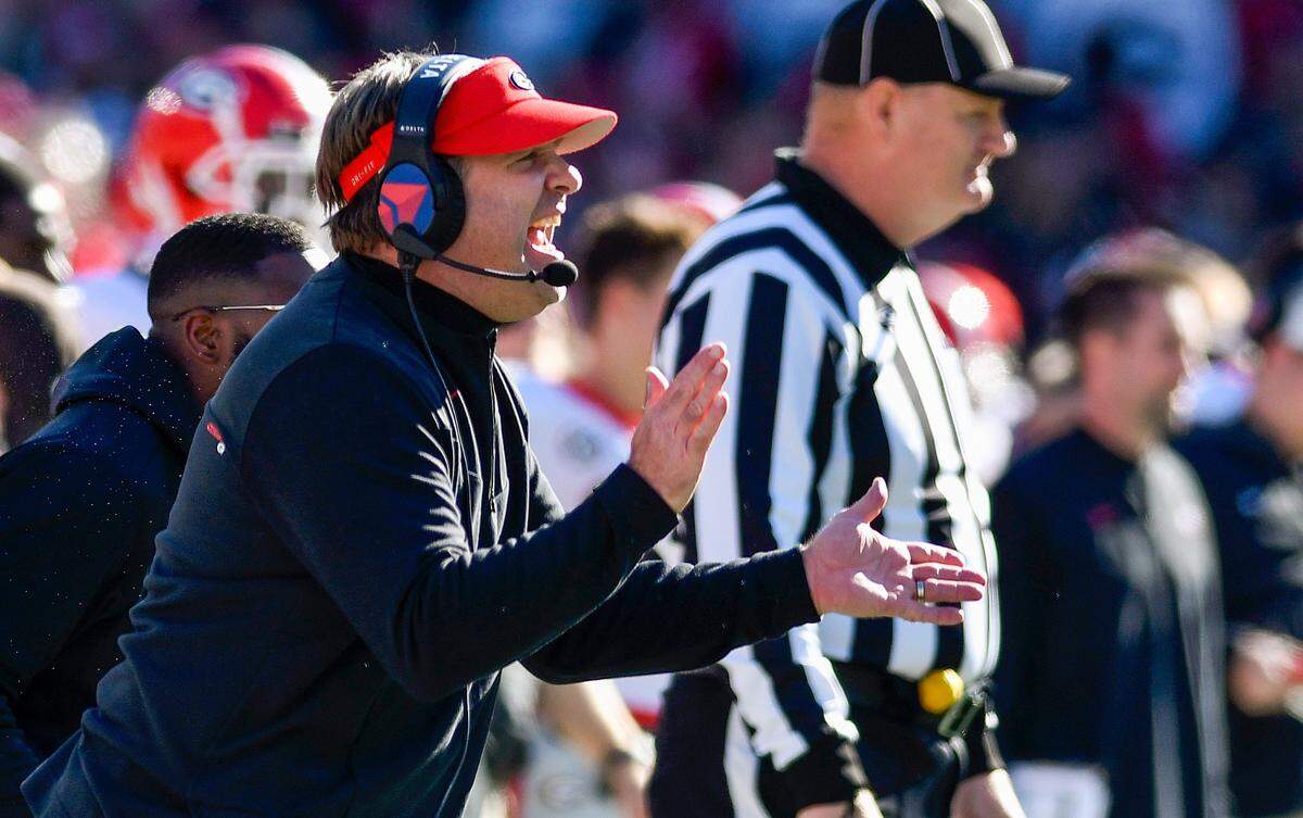 Georgia head coach Kirby Smart screams instructions to the defense during the Bulldogs 45-0 win over Georgia Tech Saturday in Atlanta.