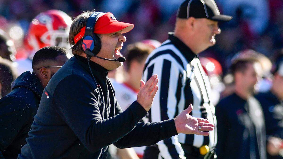 Georgia head coach Kirby Smart yells instructions to the defense during the Bulldogs 45-0 win over Georgia Tech earlier this year. Smart is set to land one of the nation’s best recruiting classes.