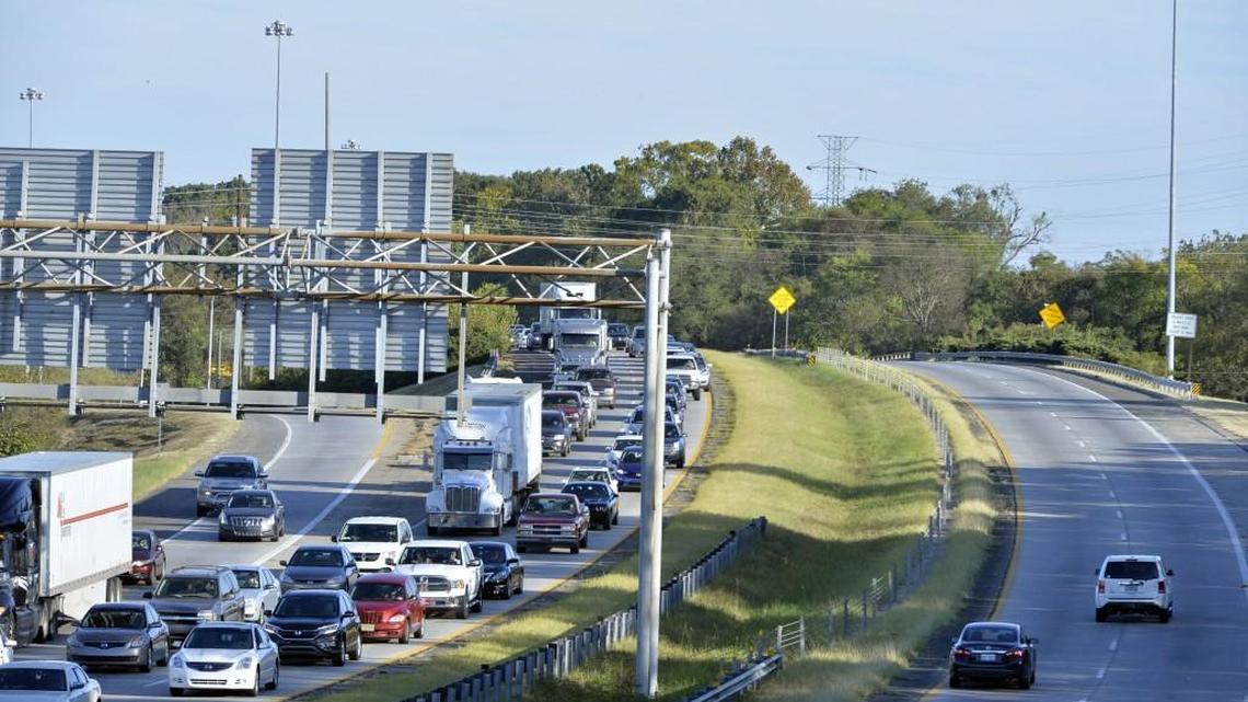 Bumper to bumper traffic in the westbound lanes of I-16 approach the Second Street Bridge on the afternoon of Oct. 5, 2016.