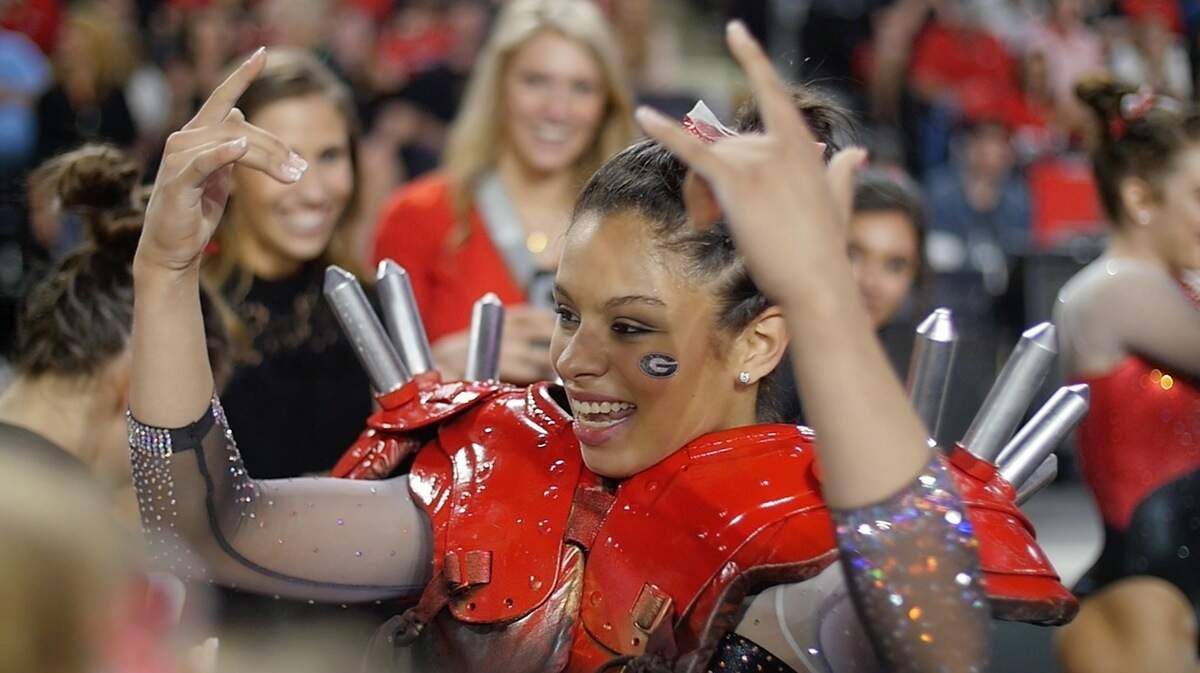 Sabrina Vega put on the spiked shoulder pads during UGA's meet against LSU.