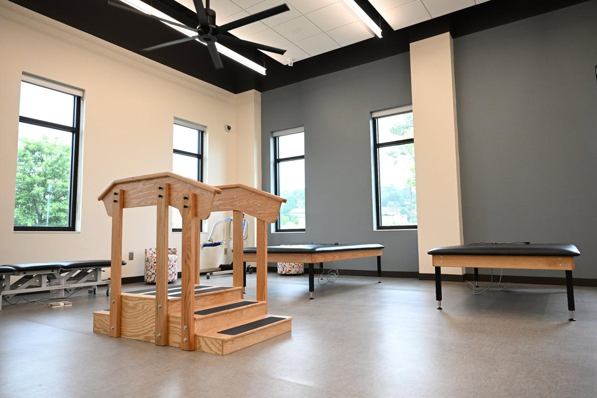 A step of stairs and other physical therapy tools fill the physical therapy room inside of the Mercer University Center for Intellectual and Developmental Disabilities on Thursday, June 5, 2025, in Macon, Georgia. The physical therapy space is just one specialized service offered in the center that is specialized for people with intellectual and developmental disabilities, including internal medicine, dentistry, audiology and other services.