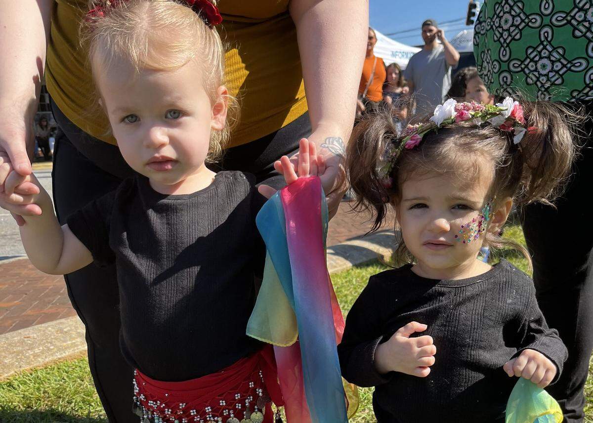 Perry Belly Dance Studio’s youngest students are 2 1⁄2-year-old Mina Mason, right, and Nixi Moncrief, who’s nearly 3. The photo, which has been cropped, was taken at the Perry International Festival last year.