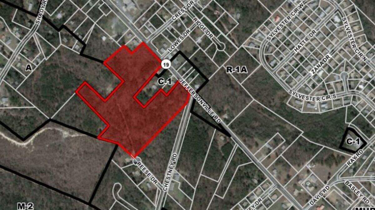The Macon-Bibb County Planning & Zoning Commission approved an application Monday to rezone property at 4397 Jeffersonville Road, shown in red, from a residential district to a neighborhood commercial district to allow a Dollar General to be built.