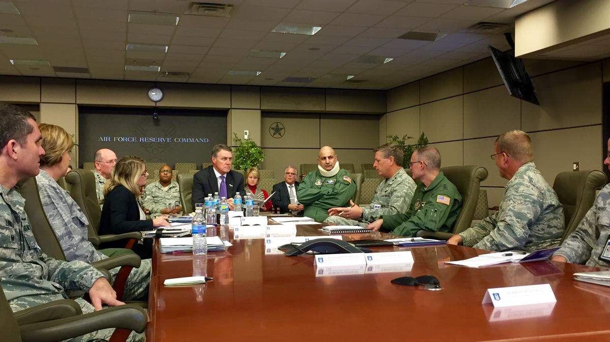 Senator David  Perdue (R-GA) receiving an Air Force Reserve Mission brief and Consolidated Mission Complex Overview on Tuesday, Nov. 24, 2015.