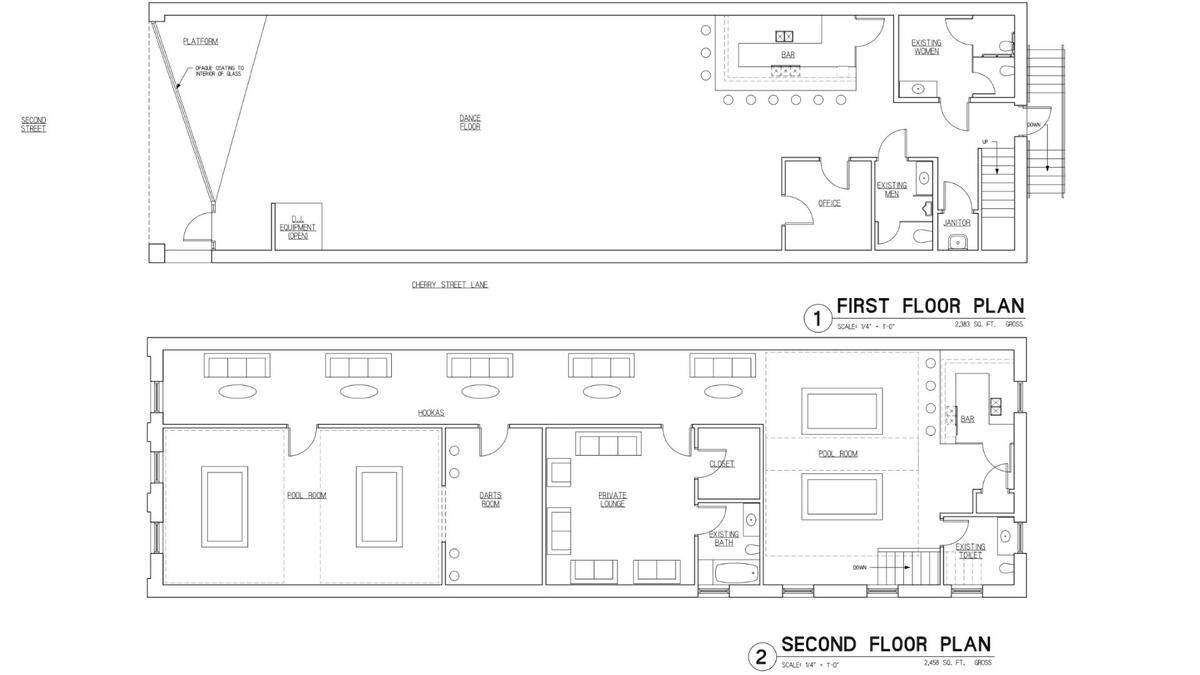 A two-story floor plan describes the layout of Club Nirvana, a nightclub expected to open at 448 Second St. in downtown Macon, Georgia, after the Macon-Bibb County Planning & Zoning Commission approved its conditional use permit for the property on Monday, Dec. 8, 2025.