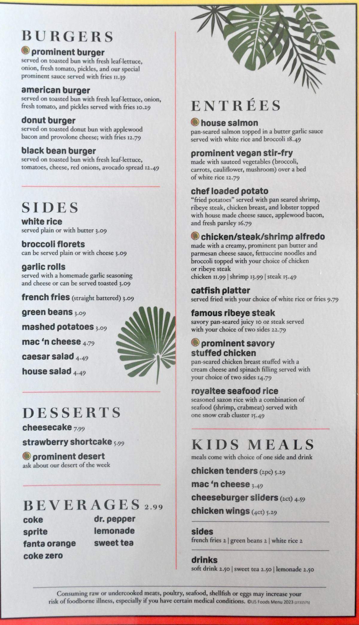 Sandwich and entree menu at Prominent Bar and Restaurant in Byron.