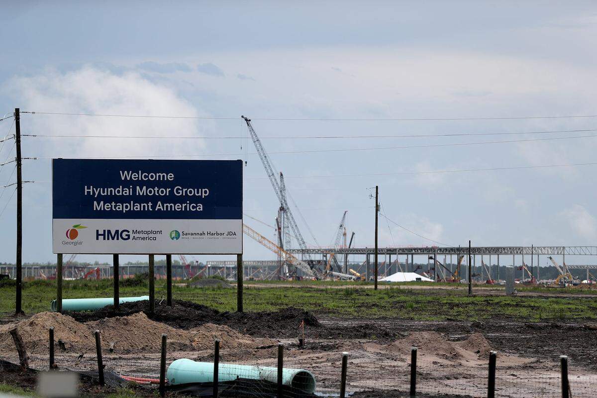 A sign facing I-16 welcomes the Hyundai Motor Group Metaplant America, which is currently under construction on the Bryan County Megasite in Ellabell, Georgia.