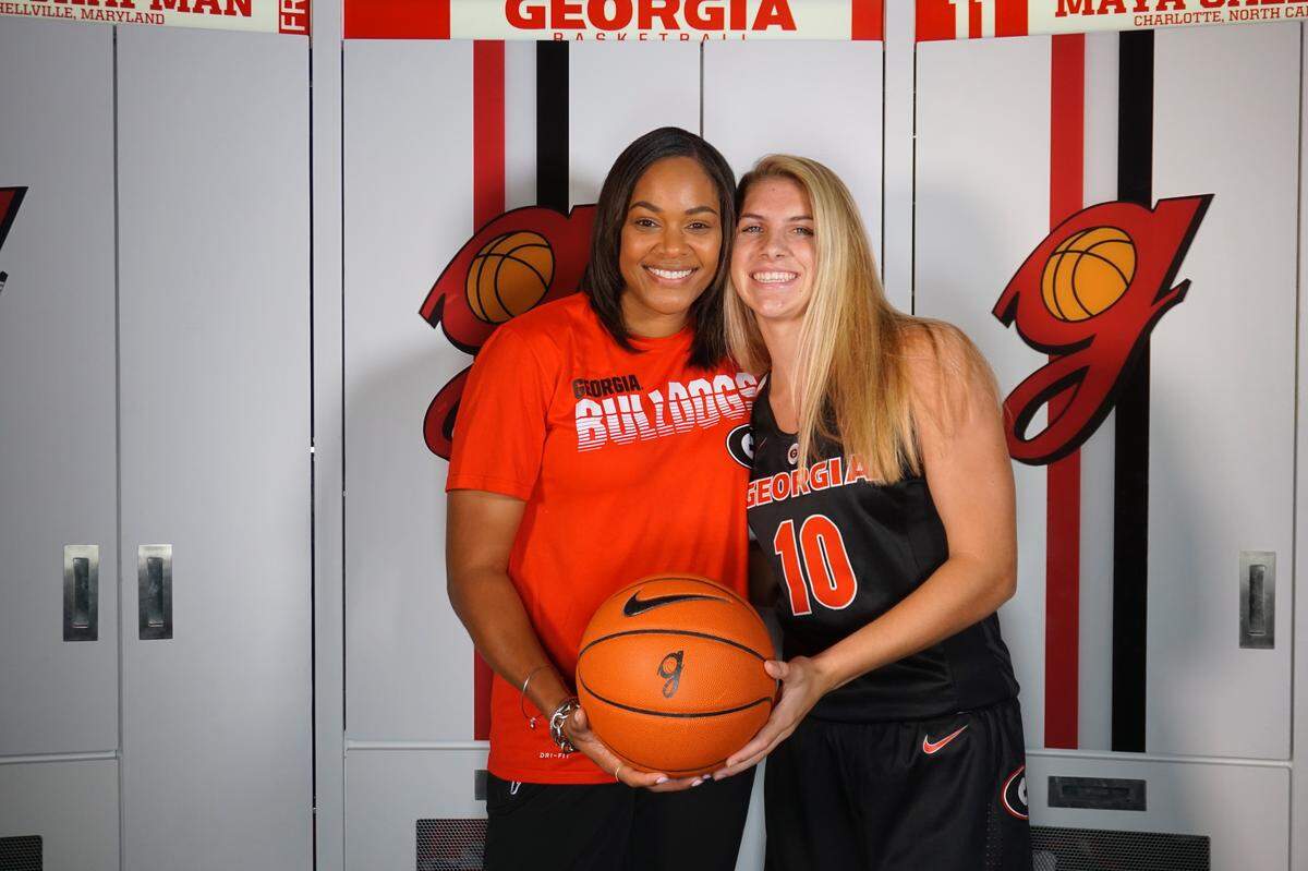 Georgia Lady Bulldogs head coach Joni Taylor and four-star signee Sarah Ashlee Barker from Spain Park High School in Birmingham, Ala., pose for a photo during Barker’s visit to Athens, Ga.