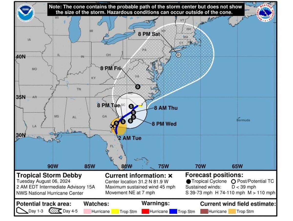 Tropical Storm Debby is predicted to cross Georgia and South Carolina, before heading back out to sea, where it could absorb even more moisture before making a second landfall in North Carolina later this week.
