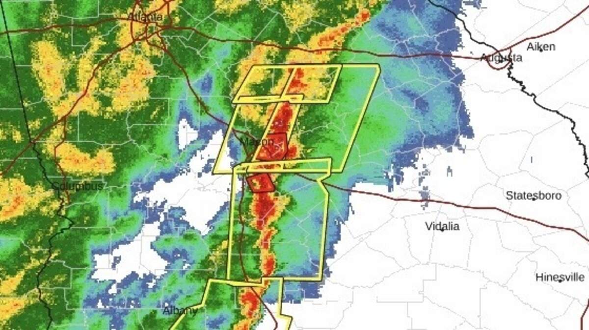 A map shows areas in red where tornado warnings were issued around 6:30 a.m. Thursday, March 12, 2026, across Middle Georgia including much of Macon and Houston counties, according to the National Weather Service.