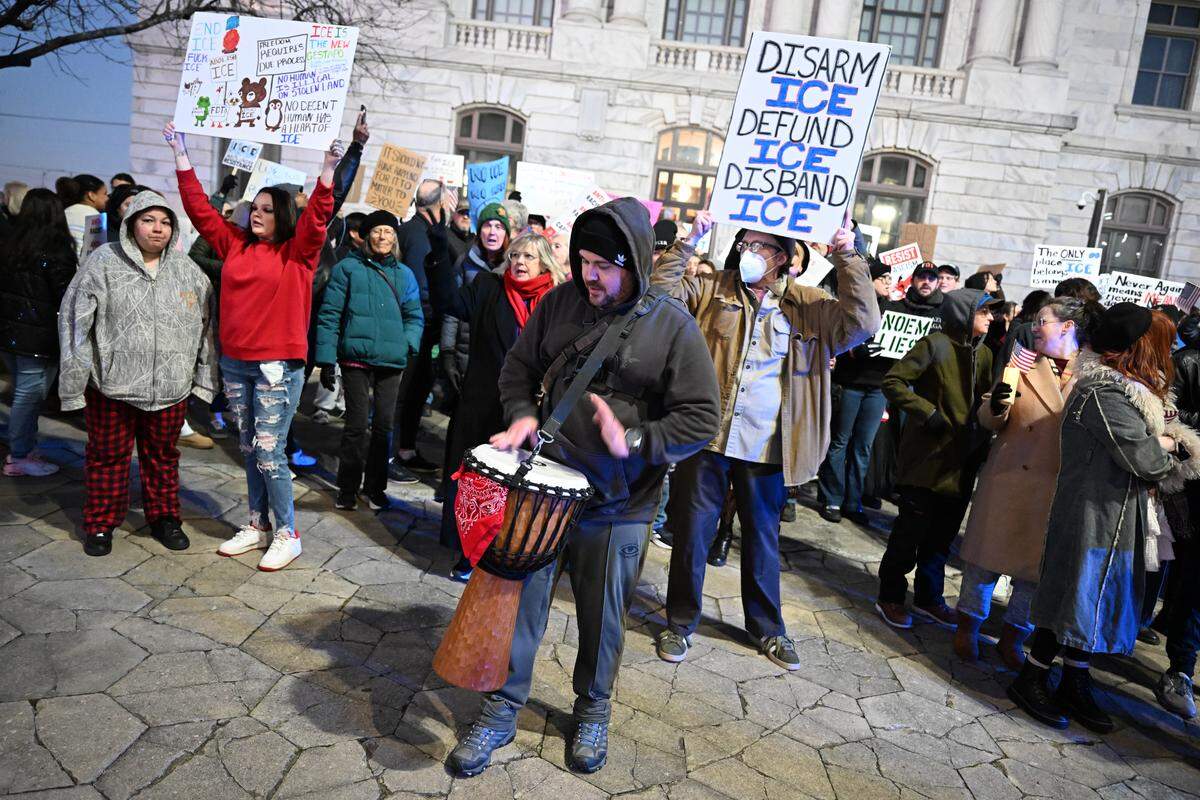 Middle Georgia Democratic Socialists of America member Tyler Newton, from Macon, plays the drums during the March on Macon protest on Wednesday, Jan. 28, 2026, in Macon, Georgia. 