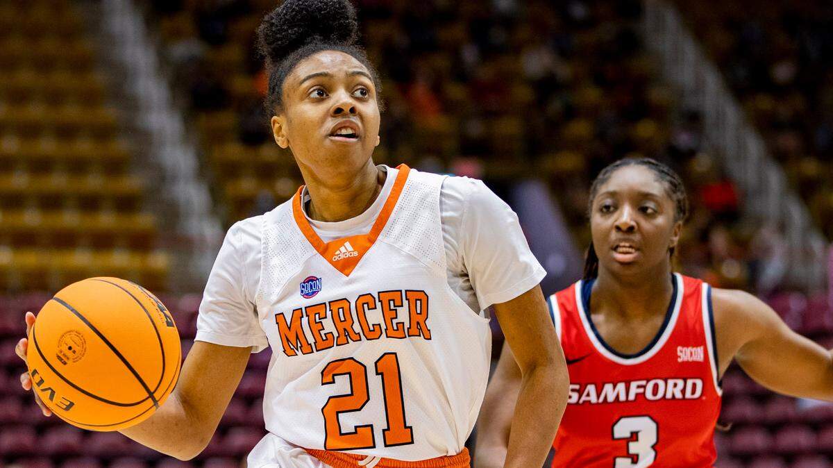 Mercer guard Shannon Titus drives to the net against Samford Friday morning during the Southern Conference tournament. The Bears face Furman Sunday at noon.