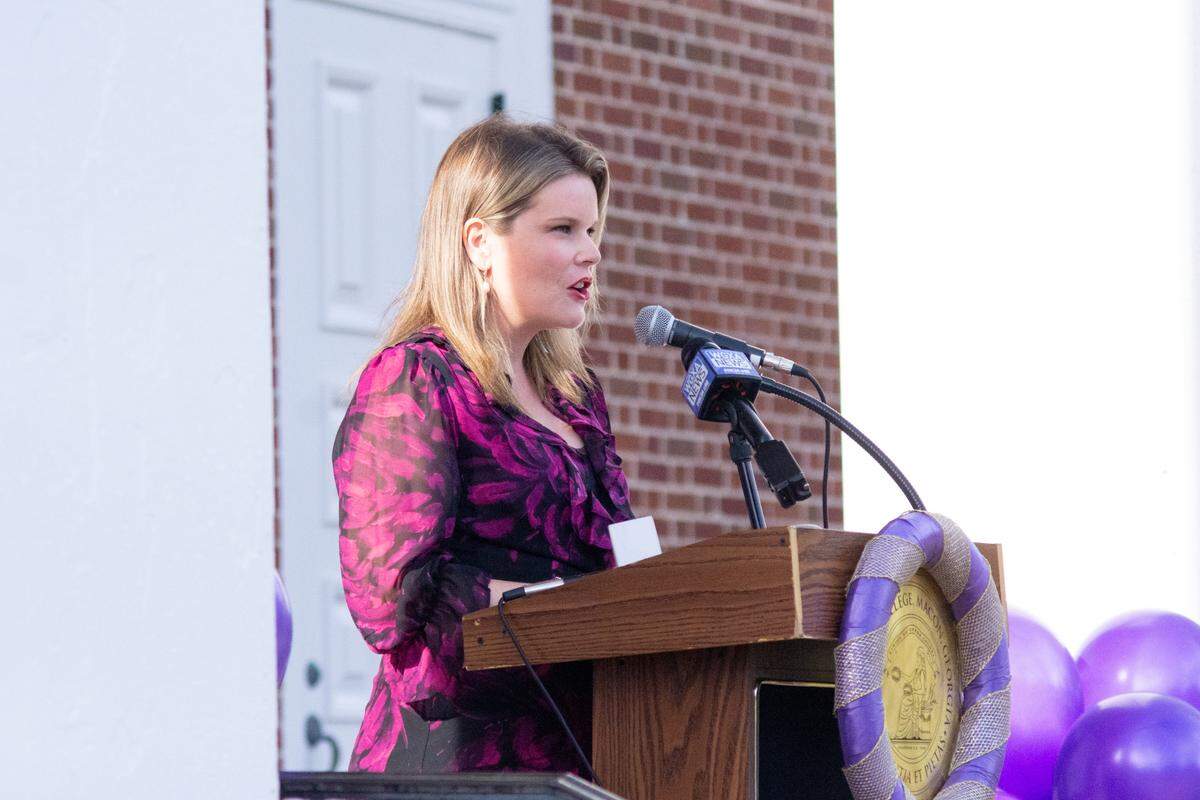 Wesleyan College President Meaghan Blight speaks at a press conference on her 100th day in office to announce over $2 million was raised during her Million Dollar Match campaign.