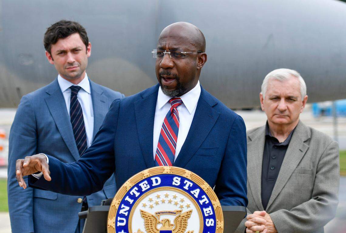 U.S. Sen. Reverend Raphael Warnock (D-GA) speaks a press conference Wednesday afternoon outside Warner Robins City Hall after touring Robins Air Force Base with fellow Senators Jon Ossoff (D-GA) and Jack Reed (D-RI), Senate Armed Services Committee Chairman.