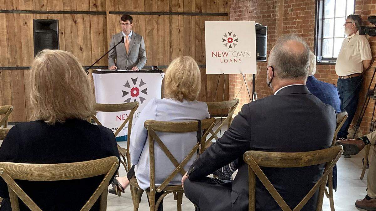 Josh Rogers, president and CEO of NewTown Macon, speaks at a press conference, at which the Knight Foundation announced a $1.5 million grant to the nonprofit.