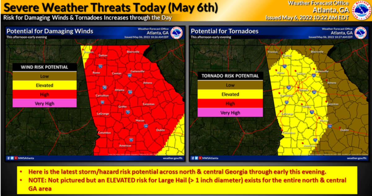 Severe weather threats in Macon include damaging winds and a possible tornado on May 6.