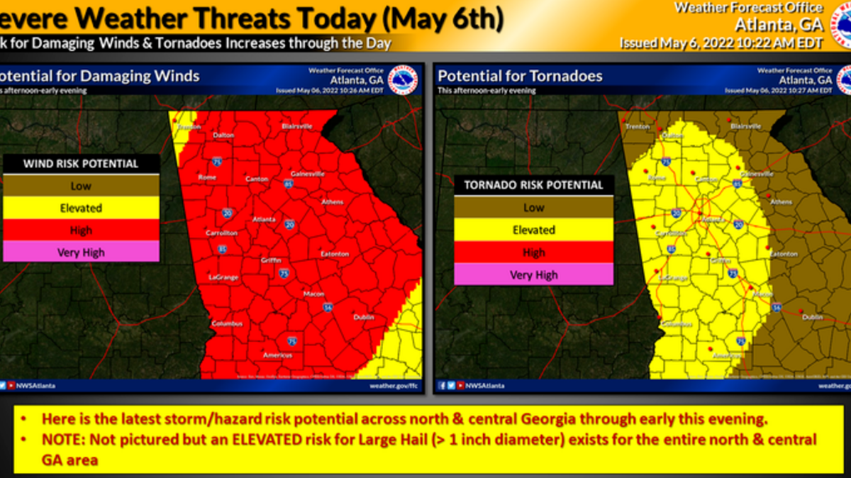 Severe weather threats in Macon include damaging winds and a possible tornado on May 6.