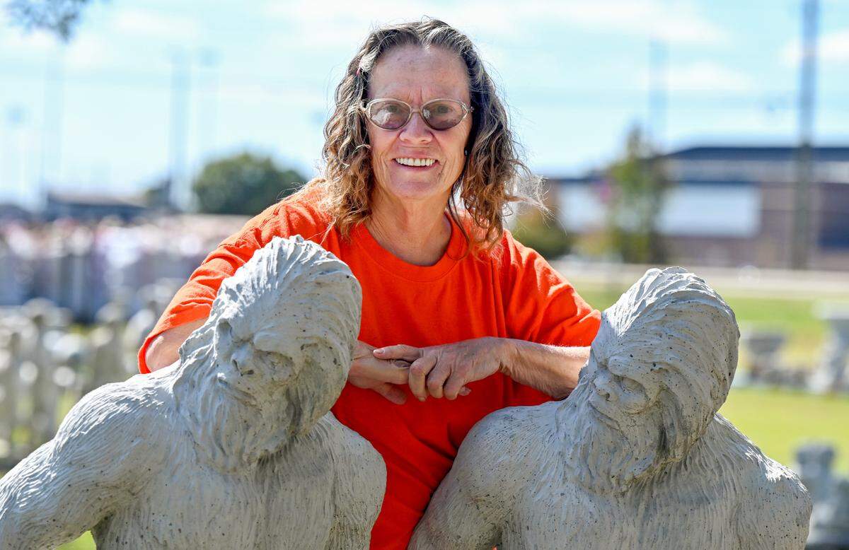 Sherry Parramore, proprietor of Rubber Necker’s Market on Georgia Highway 96 across from Houston County High School, has what is likely Middle Georgia’s largest selection of concrete Bigfoot statuary.