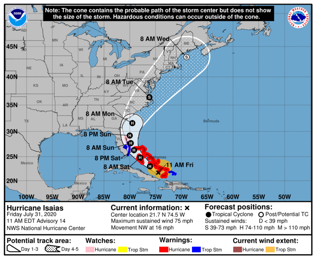 Here’s the “Cone of Uncertainty” for projected path of Hurricane Isaias as of 11 a.m. Friday.