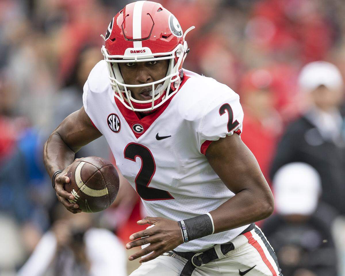 D’Wan Mathis makes a play during G-Day on April 20, 2019.