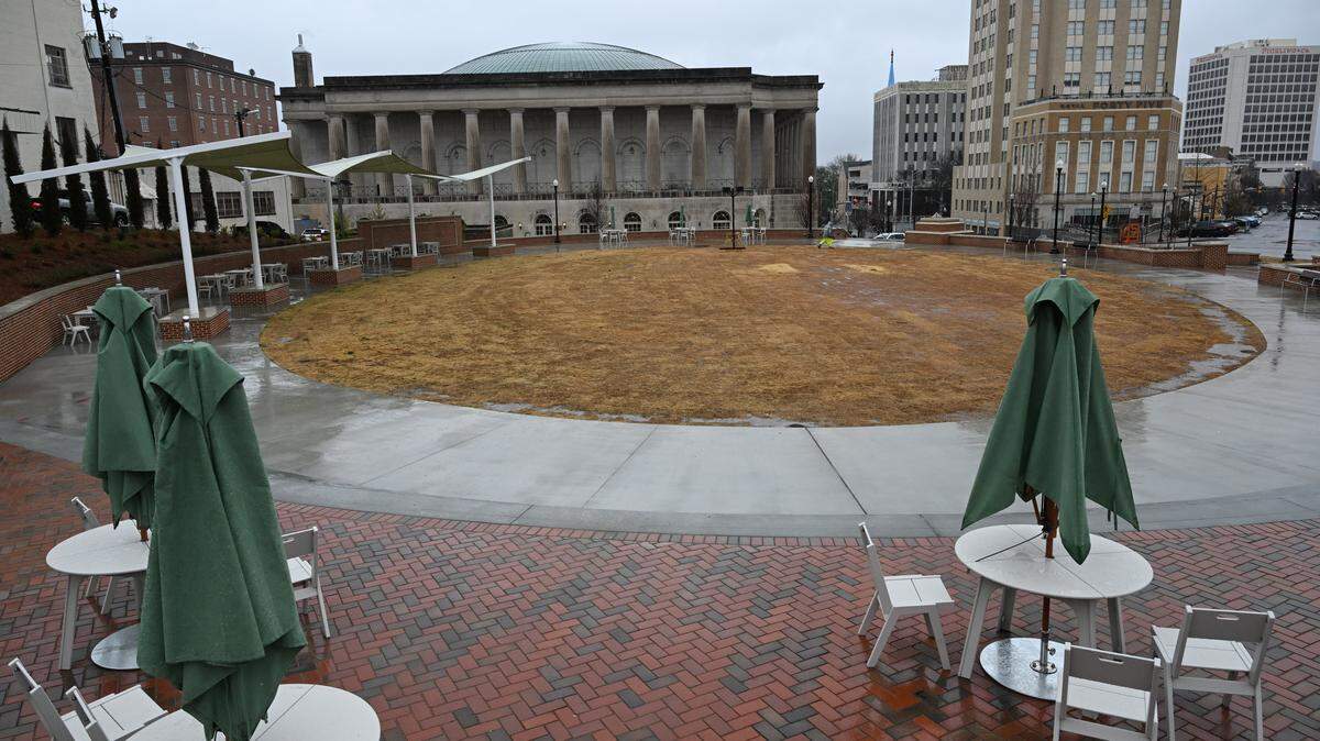 Rosa Parks Square sits off of First Street on Wednesday, Feb. 4, 2026, in downtown Macon, Georgia. The ceremony to honor Rosa Parks’ birthday and the grand opening of the park was moved inside city hall due to rain.