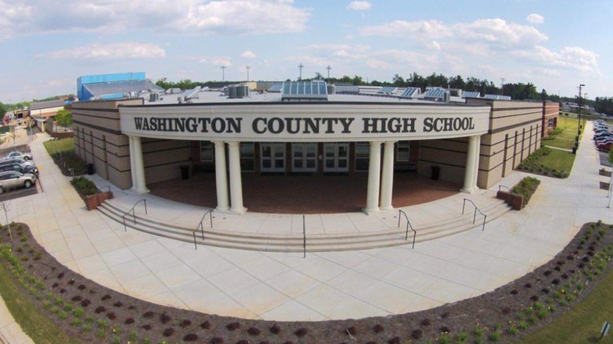 The entrance of the Washington County High School in Sandersville. A former teacher of the school, Michael Dendy, was indicted on 21 counts of child pornography charges on Tuesday, July 11, 2023, and subsequently fired from teaching.