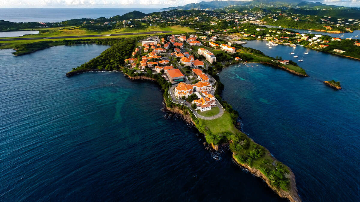 An aerial photograph of St. George’s University in Grenada.