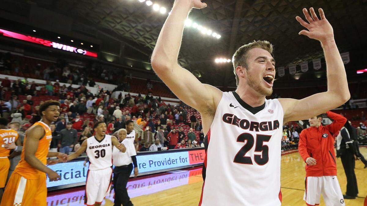 Georgia forward Kenny Paul Geno reacts as time expires in the team's 81-72 victory over Tennessee during an NCAA college basketball game Wednesday, Jan. 13, 2016, in Athens, Ga. (Curtis Compton/Atlanta Journal Constitution via AP)
